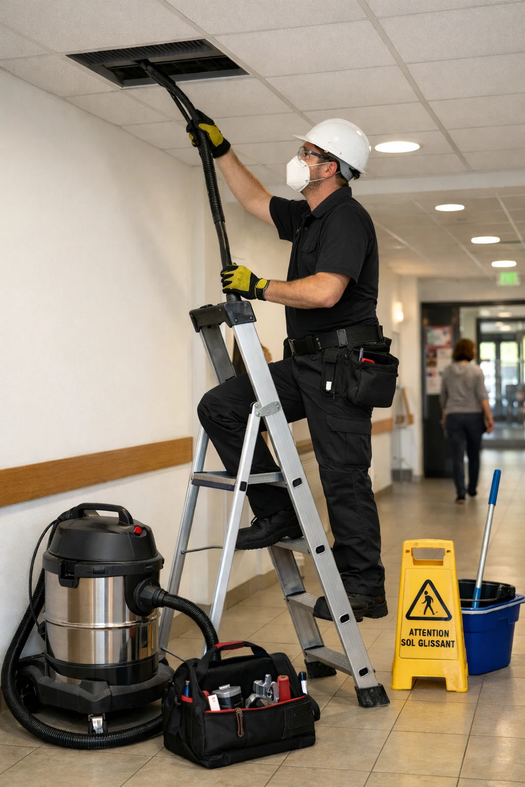 Nettoyage d'une bouche de ventilation au plafond dans un couloir de bureaux