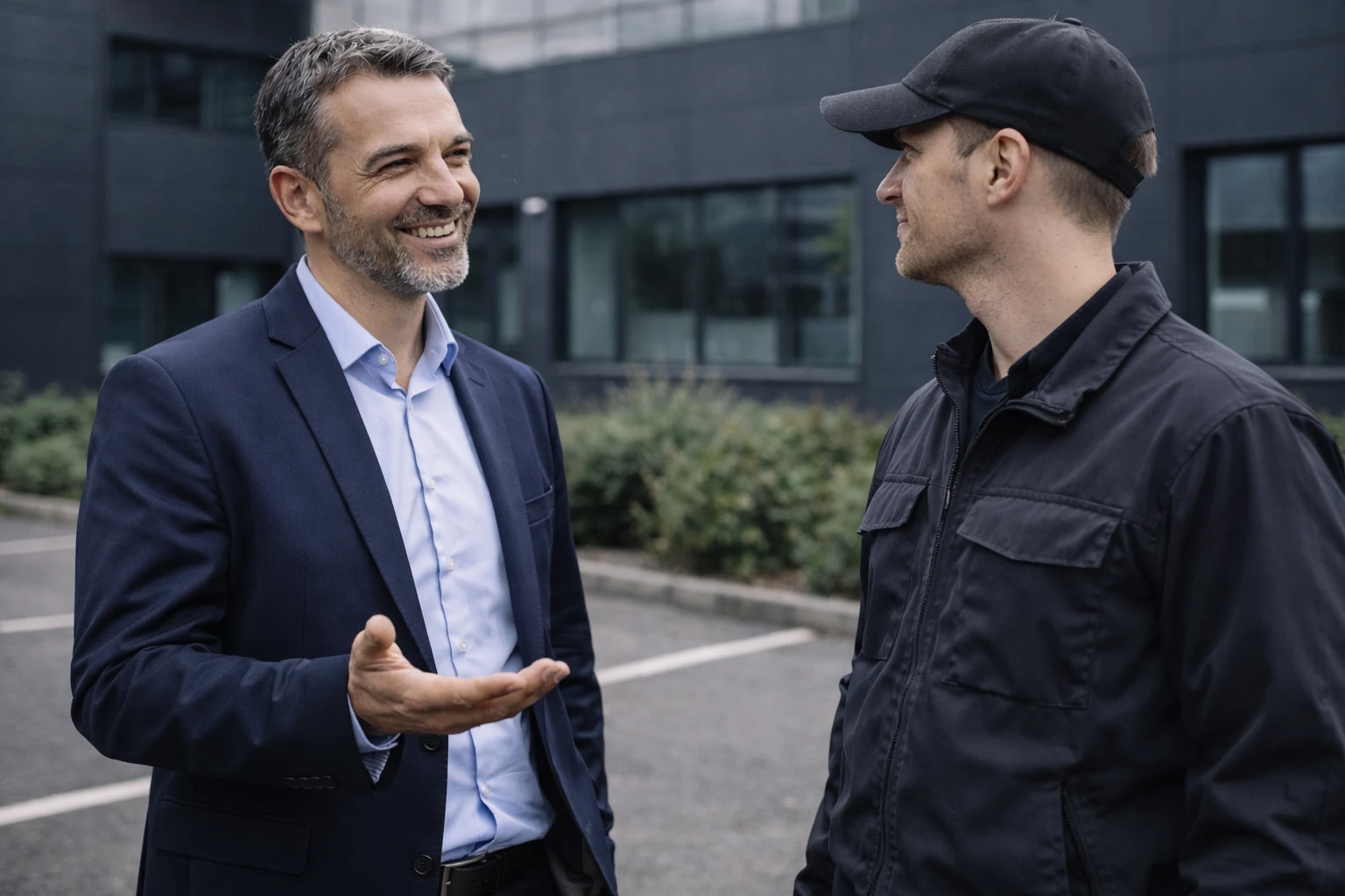 Échange entre un responsable de site et un intervenant en tenue de travail sur un parking d'entreprise