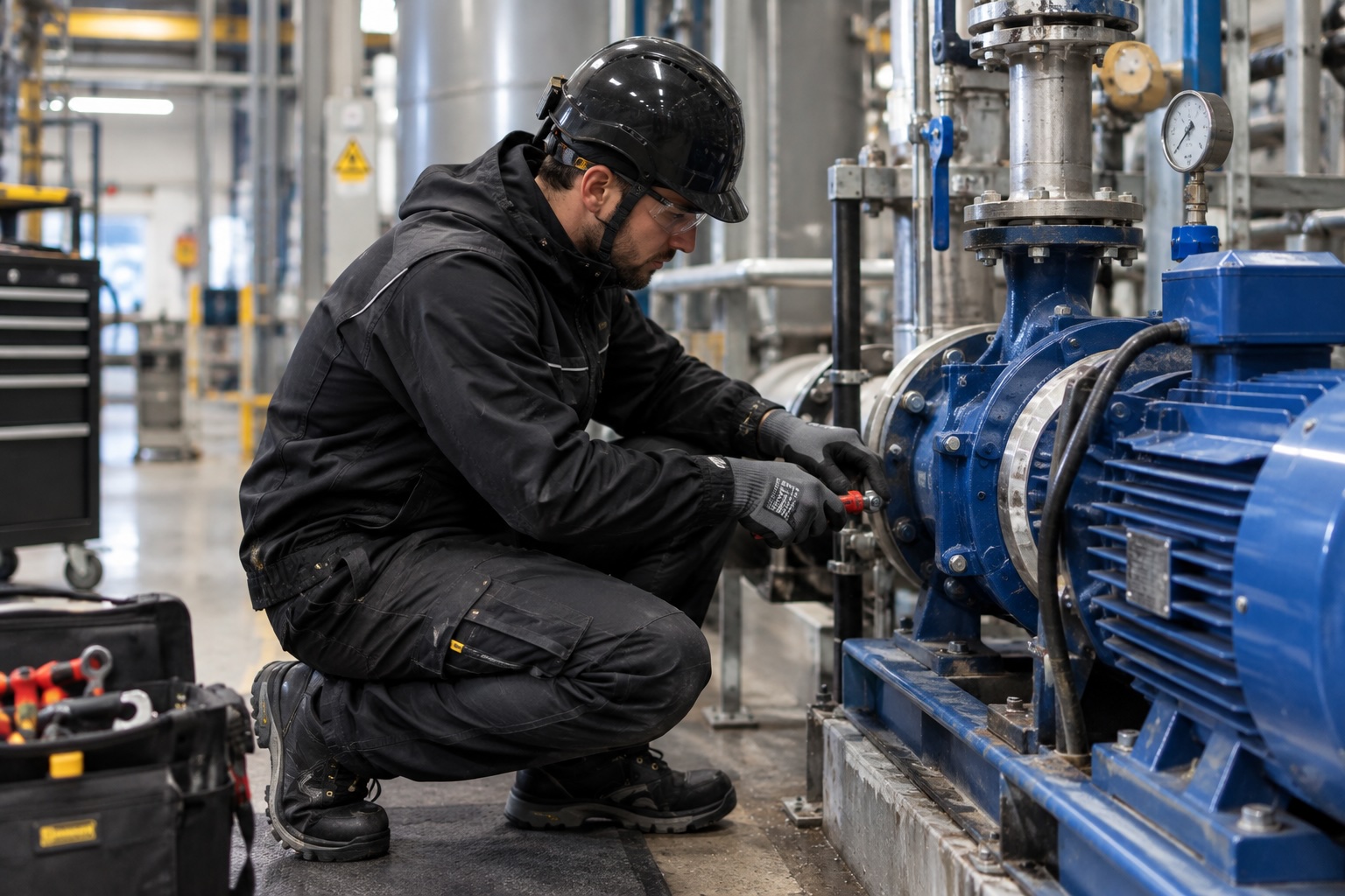 Technicien intervenant sur une pompe industrielle