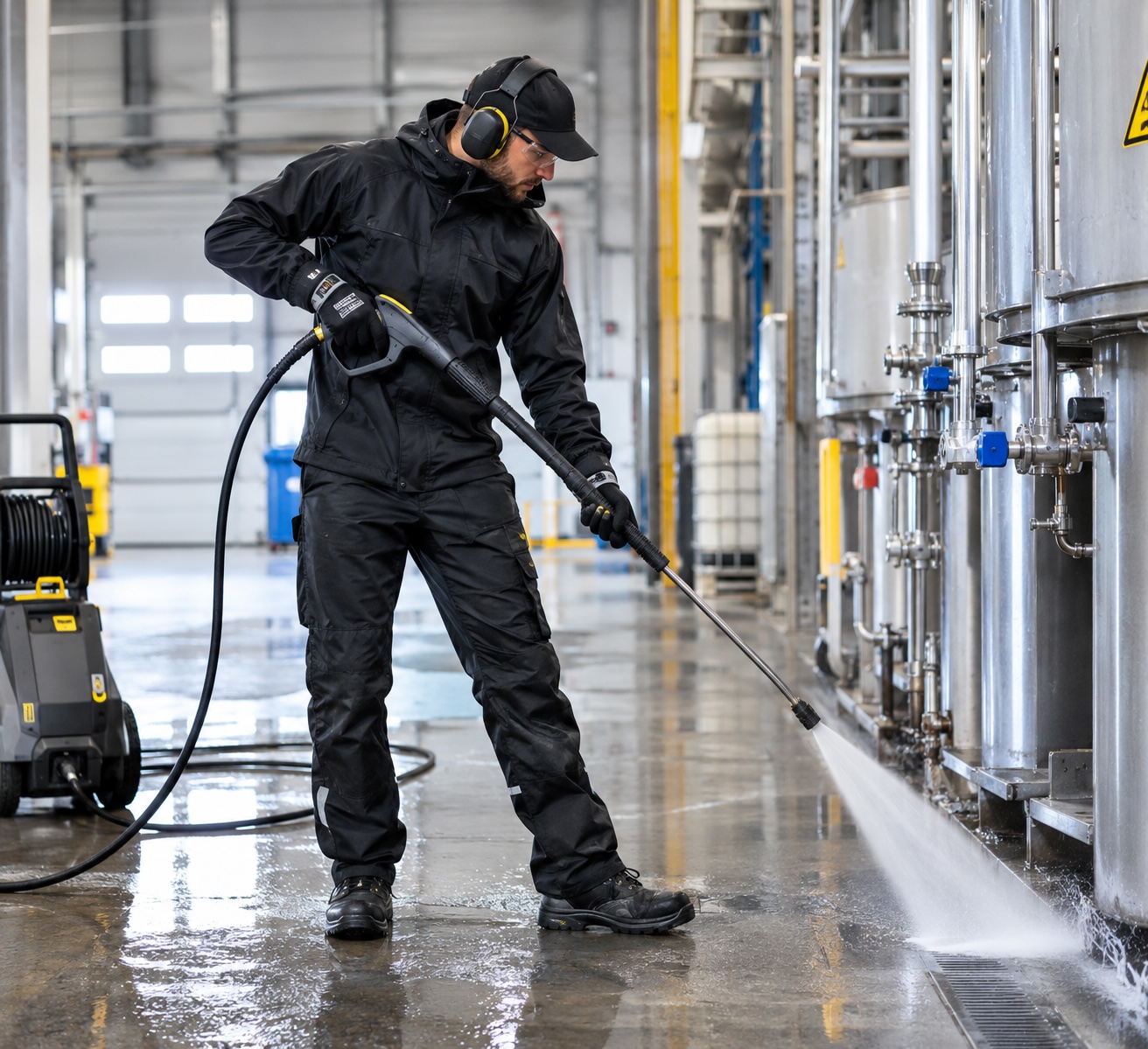 Nettoyage haute pression du sol d'un site industriel devant des cuves inox